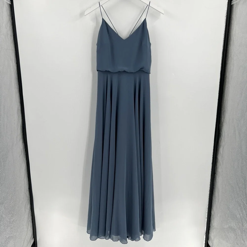 Jenny Yoo Inesse Chiffon Gown Size 6 Bridesmaid Dress Stormy Blue Gray Wedding